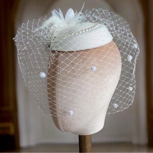 New‎ Vintage Ivory Wedding Pillbox Pearl Bridal Birdcage Hat Netted Veil Elegant